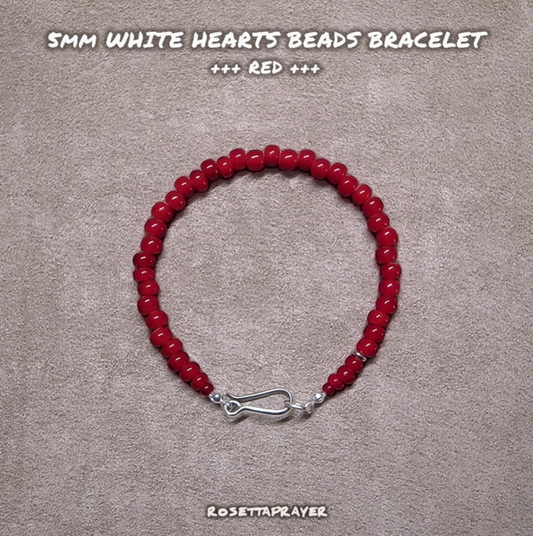 5mm WHITE HEARTS BEADS BRACELET- DARK RED 19cm / ROSETTAPRAYER