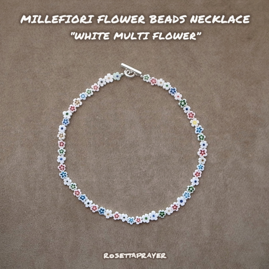 MILLEFIORI FLOWER BEADS NECKLACE- WHITE MULTI FLOWER / ROSETTAPRAYER