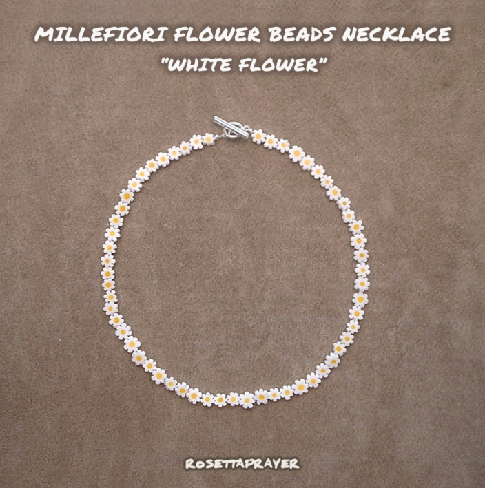 MILLEFIORI FLOWER BEADS NECKLACE- WHITE FLOWER / ROSETTAPRAYER