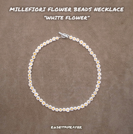 MILLEFIORI FLOWER BEADS NECKLACE- WHITE FLOWER / ROSETTAPRAYER