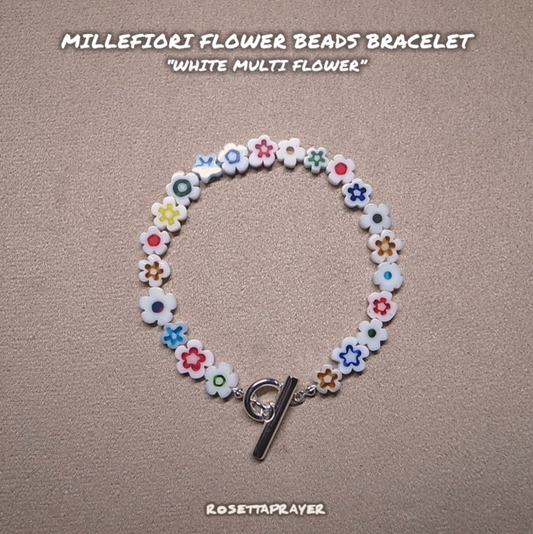 MILLEFIORI FLOWER BEADS BRACELET- WHITE MULTI FLOWER / ROSETTAPRAYER