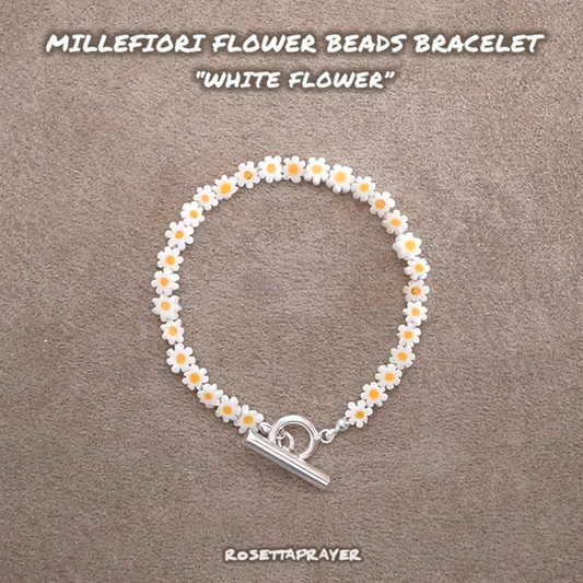 MILLEFIORI FLOWER BEADS BRACELET- WHITE FLOWER / ROSETTAPRAYER