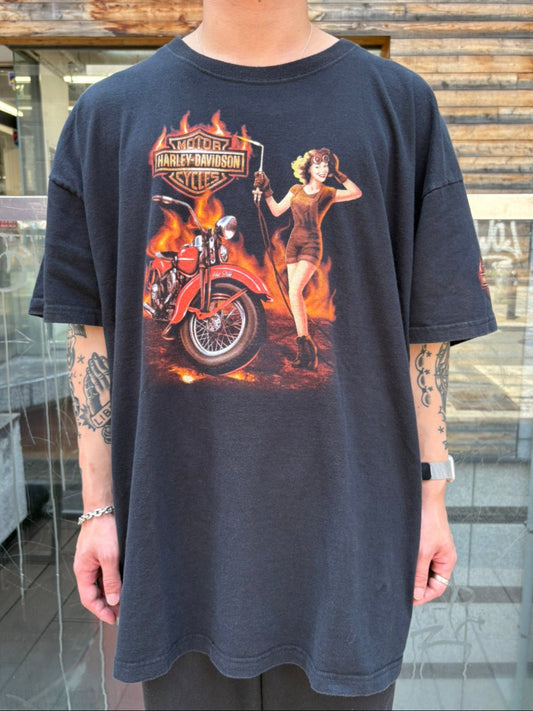 00's HARLEY-DAVIDSON「Pin-up Girl & Flame」 ハーレーTシャツ