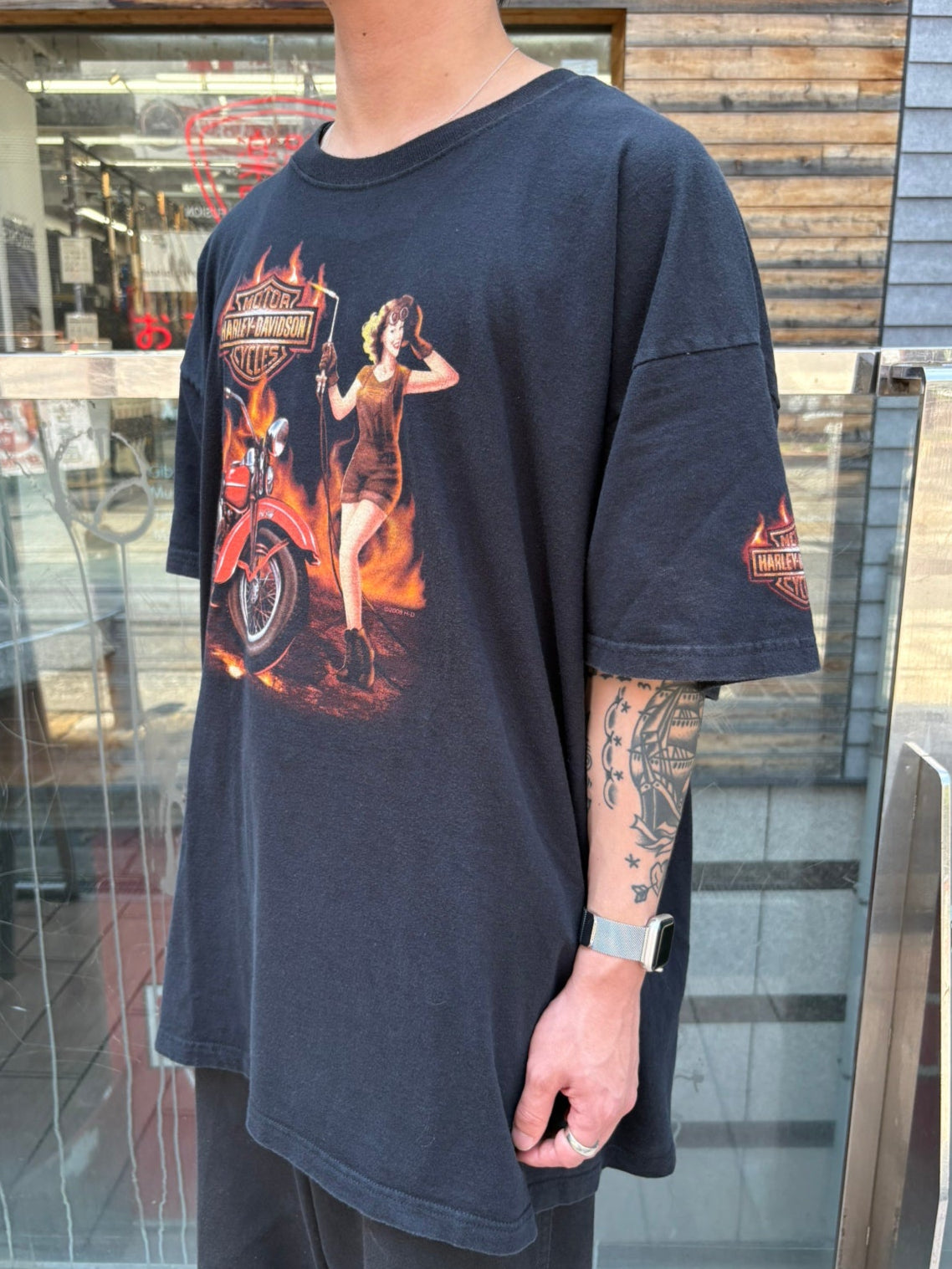 00's HARLEY-DAVIDSON「Pin-up Girl & Flame」 ハーレーTシャツ