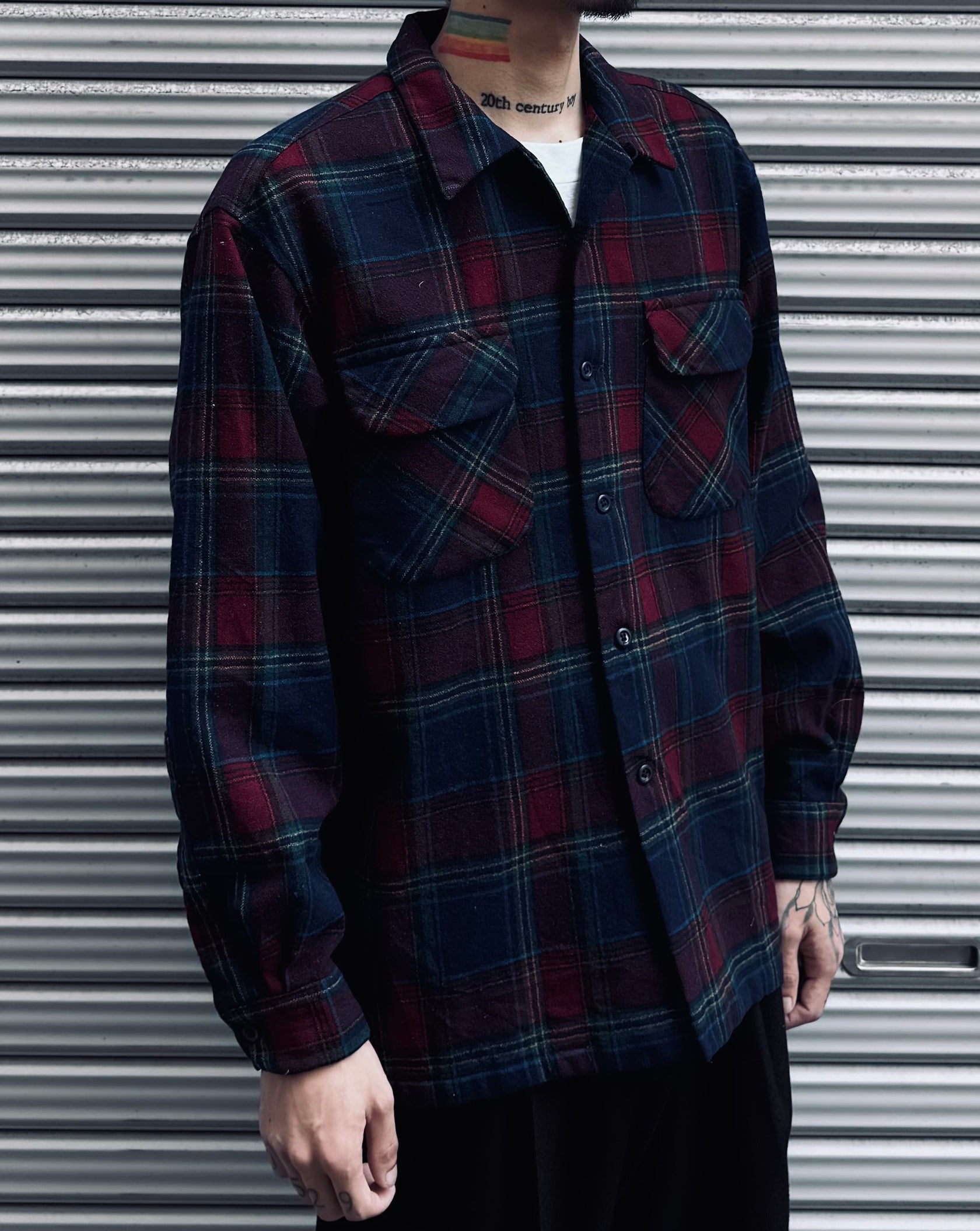00's PENDLETON「open collar」USA製 ウールチェックシャツ