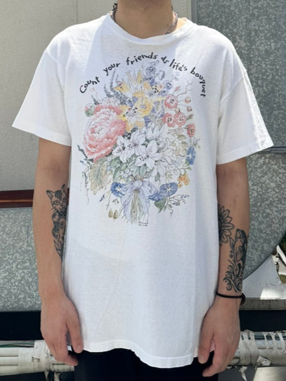 90's SWINDAL 「Count your friends as life's bouquet」ホワイトTシャツ