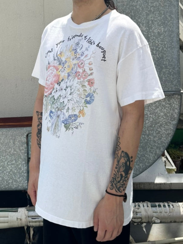 90's SWINDAL 「Count your friends as life's bouquet」ホワイトTシャツ