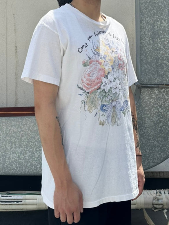 90's SWINDAL 「Count your friends as life's bouquet」ホワイトTシャツ