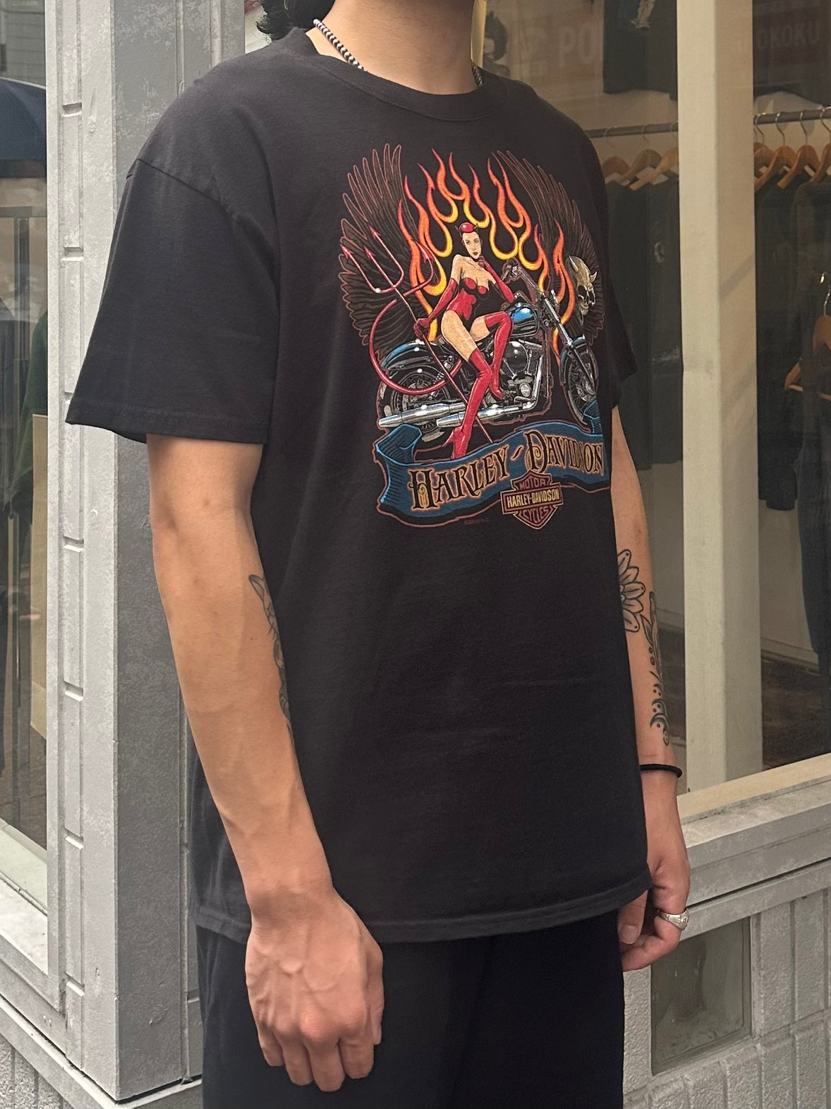 00's HARLEY DAVIDSON「RED DEVIL.LADY.SKULL.WING FLAME」ハーレーTシャツ