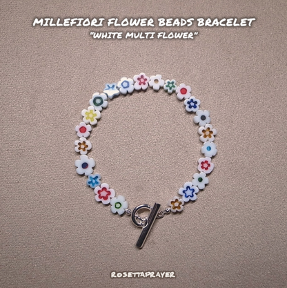MILLEFIORI FLOWER BEADS BRACELET- WHITE MULTI FLOWER / ROSETTAPRAYER