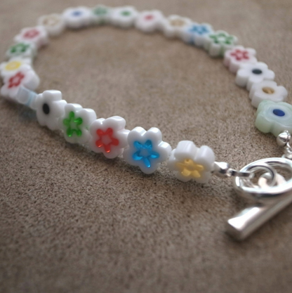 MILLEFIORI FLOWER BEADS BRACELET- WHITE MULTI FLOWER / ROSETTAPRAYER