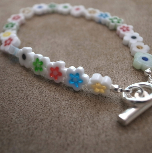 MILLEFIORI FLOWER BEADS BRACELET- WHITE MULTI FLOWER / ROSETTAPRAYER
