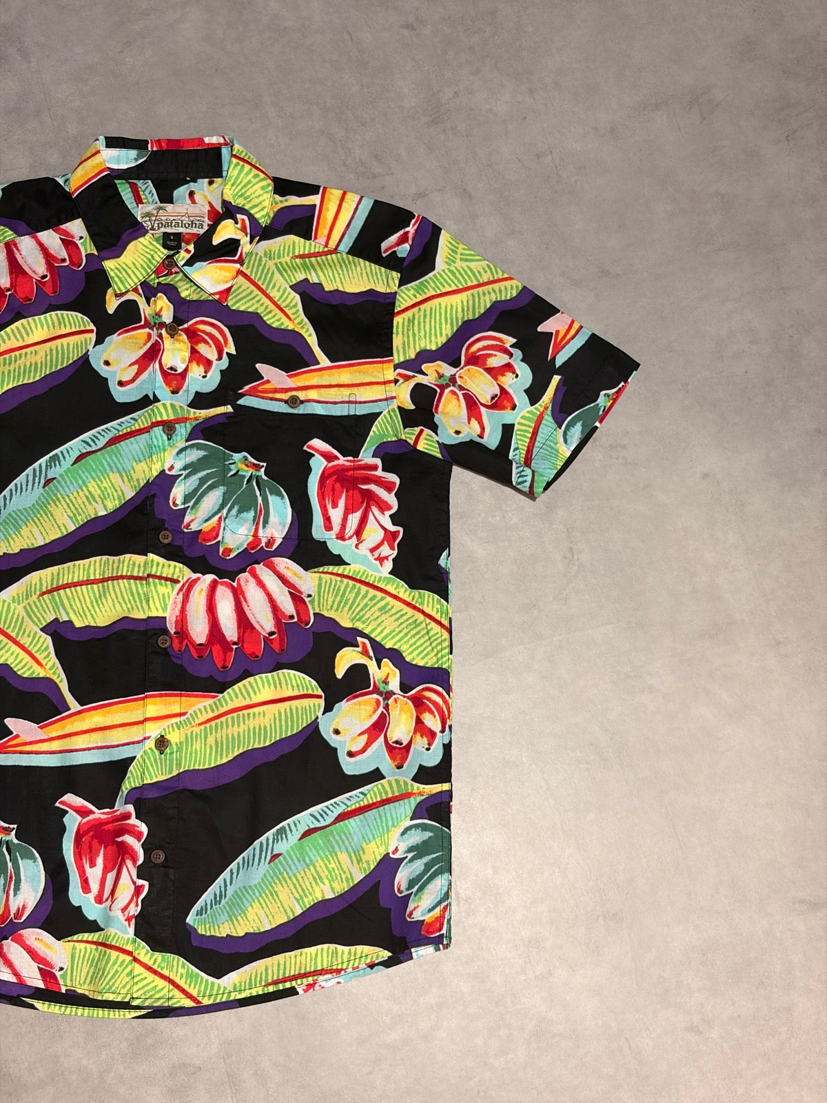 10's PATAGONIA「Pataloha」ブラックバナナ柄　アロハシャツ
