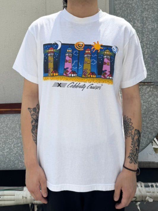 90's CELEBRITY CRUISES「night sky,noon,sunset,earth」ホワイトTシャツ