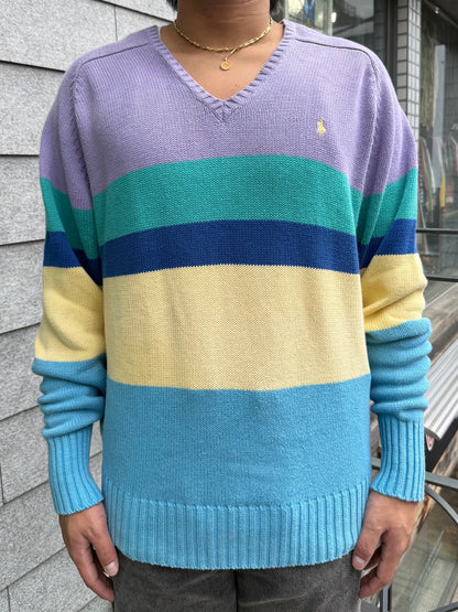 00's Polo by Ralph Lauren「Pastel Multi-Stripe」Vネックニット