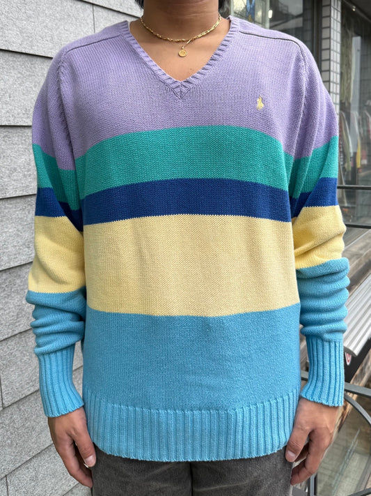 00's Polo by Ralph Lauren「Pastel Multi-Stripe」Vネックニット