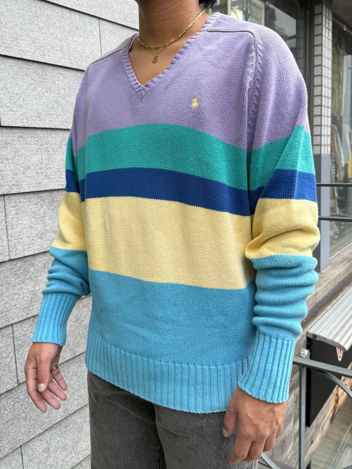 00's Polo by Ralph Lauren「Pastel Multi-Stripe」Vネックニット