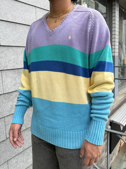 00's Polo by Ralph Lauren「Pastel Multi-Stripe」Vネックニット