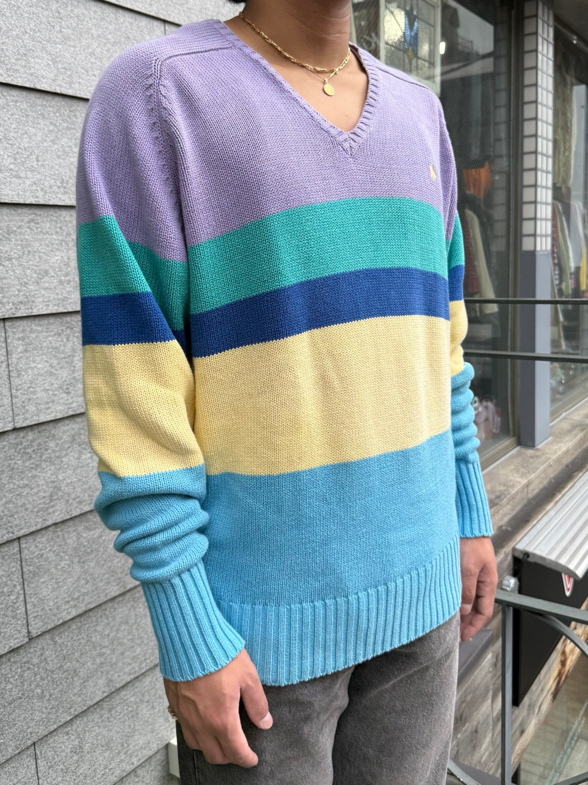 00's Polo by Ralph Lauren「Pastel Multi-Stripe」Vネックニット